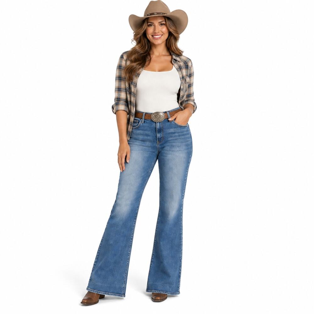 Express 70s Flare Jeans Womens Size 14R Blue Denim Y2K Western Boho Festival